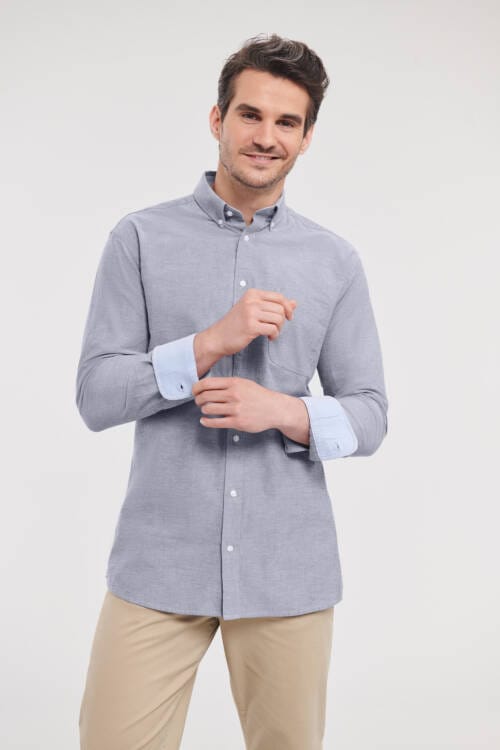 RUSSELL Mens Long Sleeve Tailored Washed Oxford Shirt