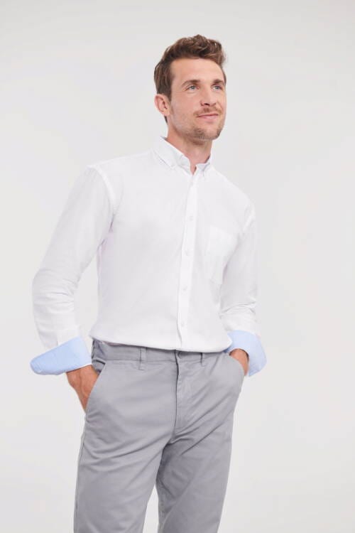 RUSSELL Mens Long Sleeve Tailored Washed Oxford Shirt Mens Long Sleeve Tailored Washed Oxford Shirt – 2XL, White/Oxford Blue-W7