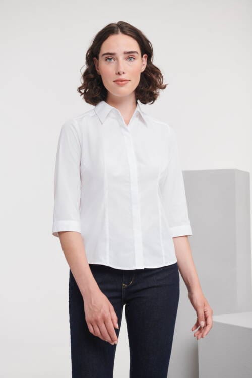 RUSSELL Ladies 3/4 Sleeve Fitted Polycotton Poplin Shirt