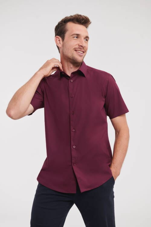 RUSSELL Mens Short Sleeve Fitted Stretch Shirt Mens Short Sleeve Fitted Stretch Shirt – 2XL, Port-PT