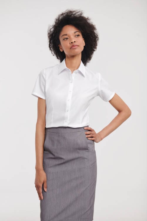 RUSSELL Ladies Short Sleeve Tailored Herringbone Shirt