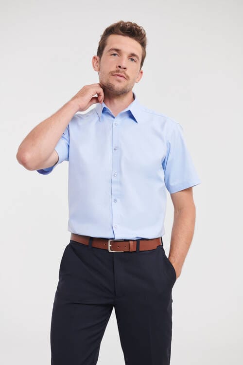 RUSSELL Mens Short Sleeve Tailored Herringbone Shirt Mens Short Sleeve Tailored Herringbone Shirt – 2XL, Light Blue-42