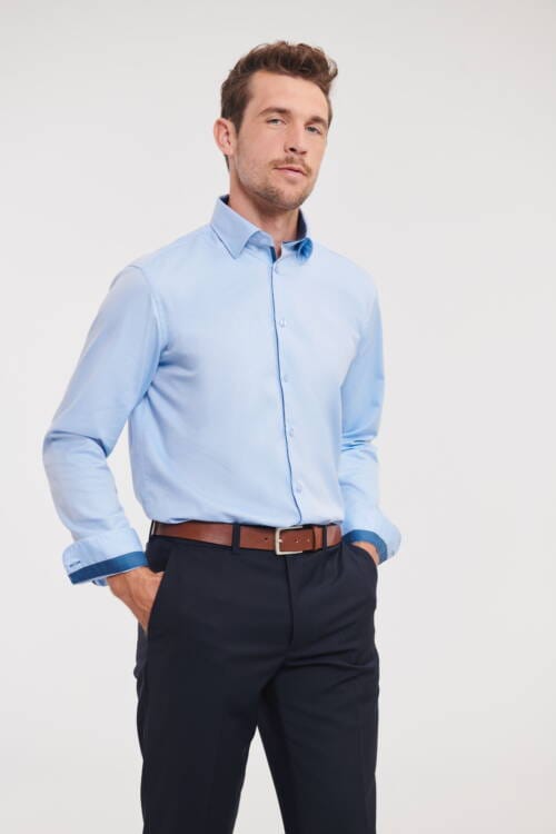 RUSSELL Mens Long Sleeve Tailored Contrast Herringbone Shirt