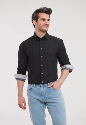 RUSSELL Mens Long Sleeve Tailored Contrast Ultimate Stretch Shirt
