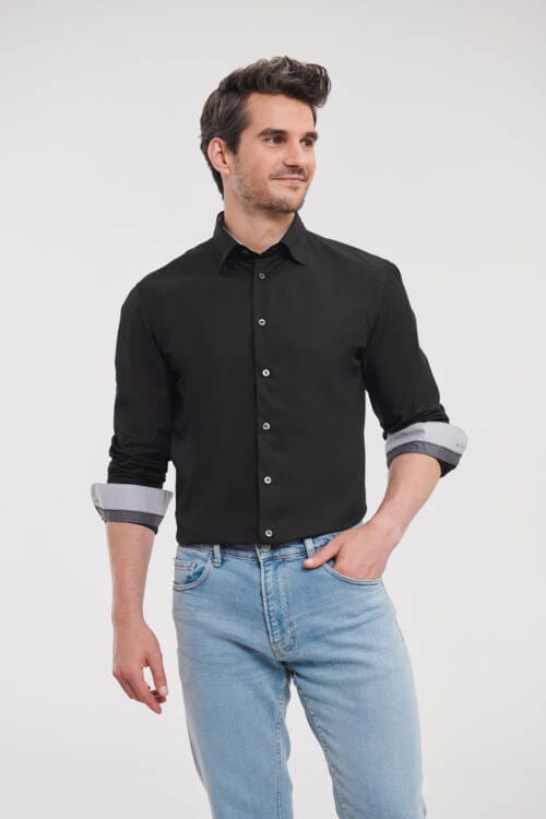 RUSSELL Mens Long Sleeve Tailored Contrast Ultimate Stretch Shirt